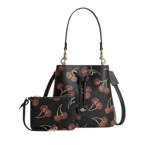 Retail $450 Coach Rowan Bucket Bag and Pouch Black Leather with Cherry Print